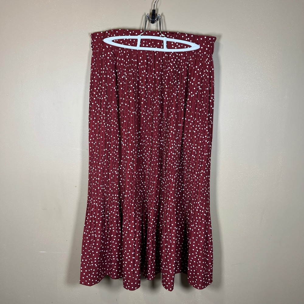 Parabler Burgundy Polka Dot Pleated Midi Skirt XL Red Elastic Waist Pockets